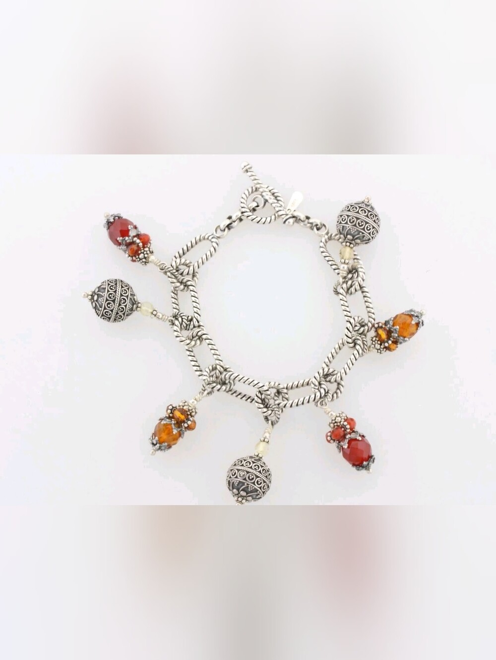Vintage Doug Paulus DP 925 Sterling Silver Amber Carnelian Charm Bracelet 8.5